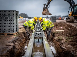 Arbeiders in gele hesjes plaatsen een betonnen afvoergoot in een uitgegraven sleuf op een Nederlandse parkeerplaats in aanbouw.