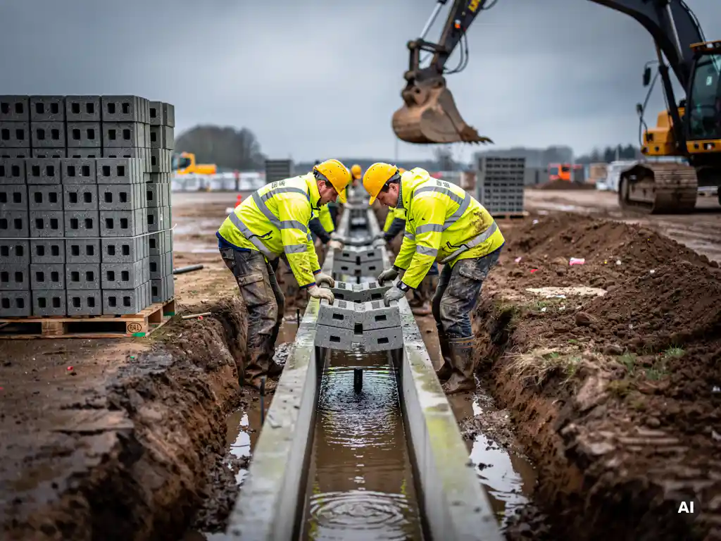 Arbeiders in gele hesjes plaatsen een betonnen afvoergoot in een uitgegraven sleuf op een Nederlandse parkeerplaats in aanbouw.