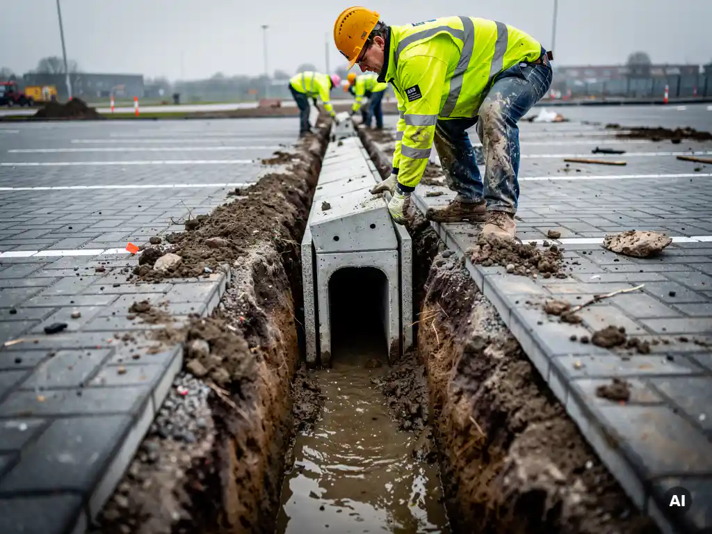 Arbeiders in gele veiligheidsvesten leggen een betonnen afwateringskanaal aan in een parkeerplaats, met modderige greppel en grijze bestrating.