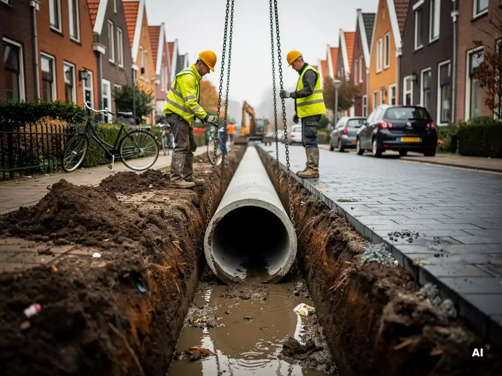 Arbeiders in gele hesjes plaatsen betonnen afvoerbuis in modderige bouwput naast nieuw bestraatwerk in Nederlandse woonstraat.