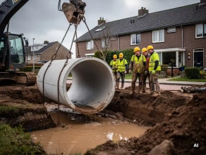 Arbeiders in gele veiligheidsvesten plaatsen een betonnen afvoerpijp in een modderige sleuf, graafmachine laat pijp zakken met kettingen.