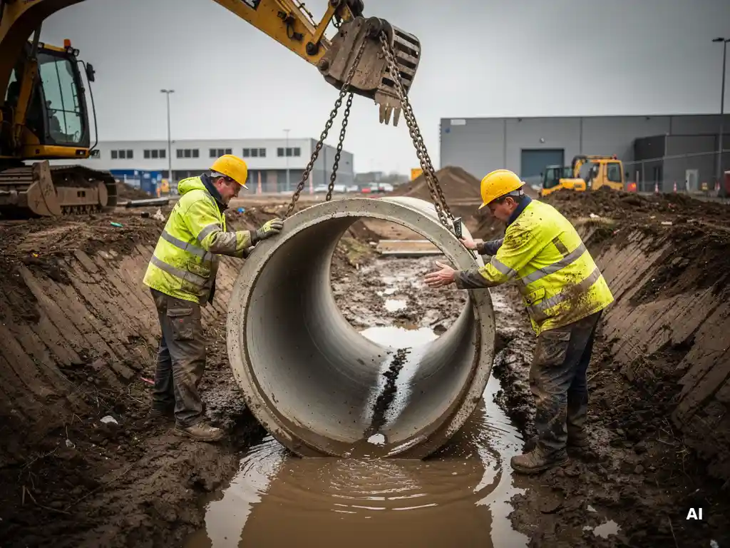 Twee bouwvakkers in gele hesjes begeleiden een betonnen drainagepijp die door een graafmachine in een modderige bouwput wordt neergelaten.