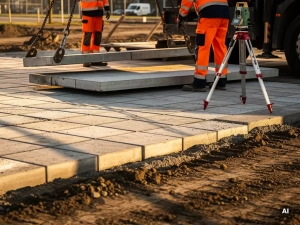Arbeiders plaatsen betonnen straatplaten op bedrijventerrein met hijsapparatuur, meetapparatuur en GPS zichtbaar in middagzon.