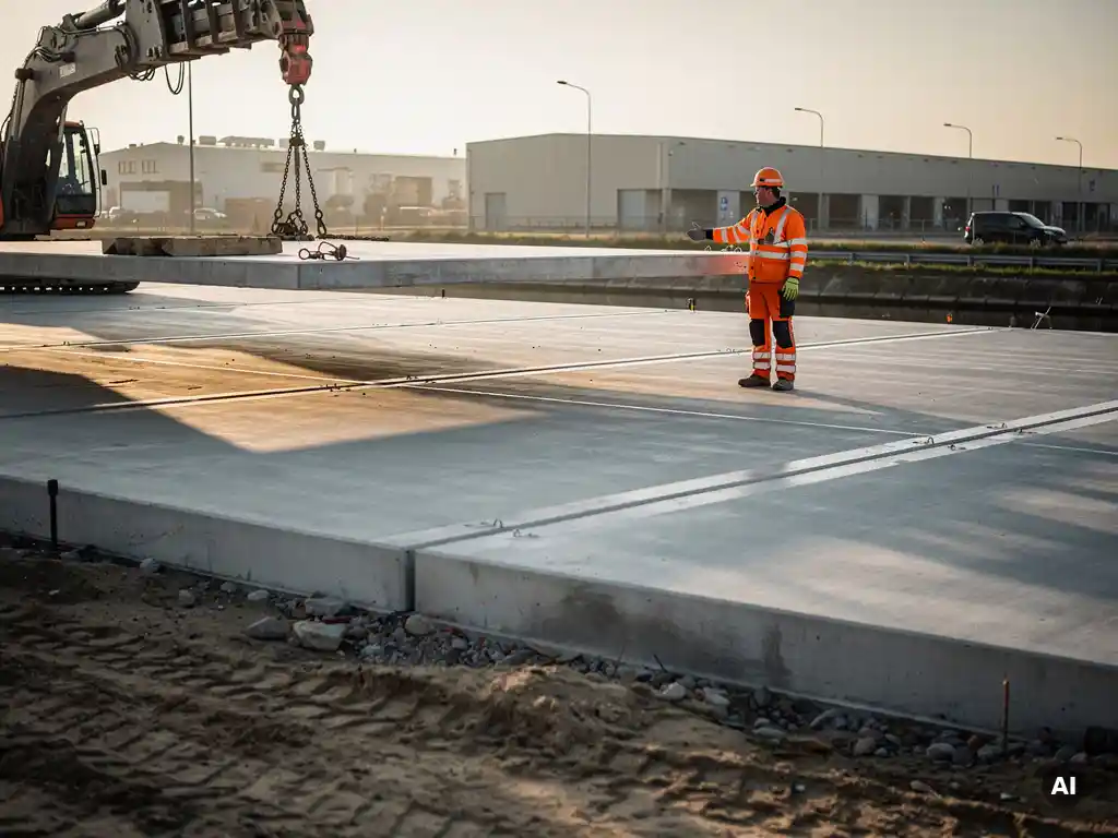 Betonplaten worden precisie gelegd op een industrieterrein, begeleid door een arbeider in oranje veiligheidsvest, met hijsmachine en zandondergrond op de achtergrond.