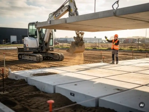 Betonnen parkeerplaatsplaten geplaatst door minigraver op Nederlands bouwterrein, arbeider in oranje veiligheidsvest stuurt plaatsing aan.