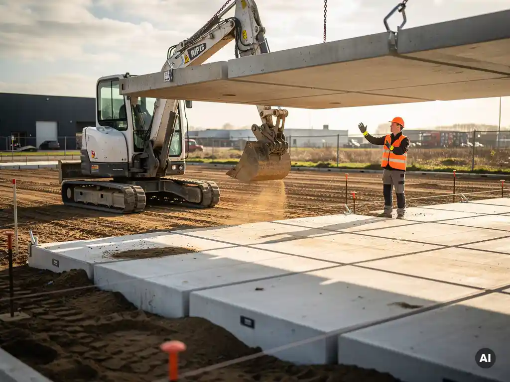 Betonnen parkeerplaatsplaten geplaatst door minigraver op Nederlands bouwterrein, arbeider in oranje veiligheidsvest stuurt plaatsing aan.