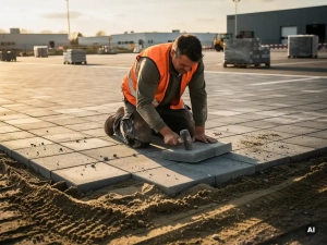 Vakman legt grijze betonklinkers op parkeerterrein met rubberen hamer, zandbed zichtbaar, veiligheidsvest, gouden uurtje belichting.