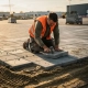 Vakman legt grijze betonklinkers op parkeerterrein met rubberen hamer, zandbed zichtbaar, veiligheidsvest, gouden uurtje belichting.
