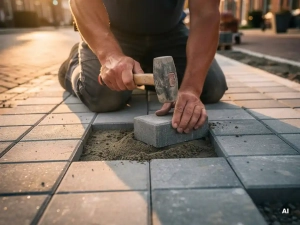 Vakman die met rubberen hamer een grijze betonklinker in een zandbed op een Nederlandse straat plaatst bij gouden uursbelichting.