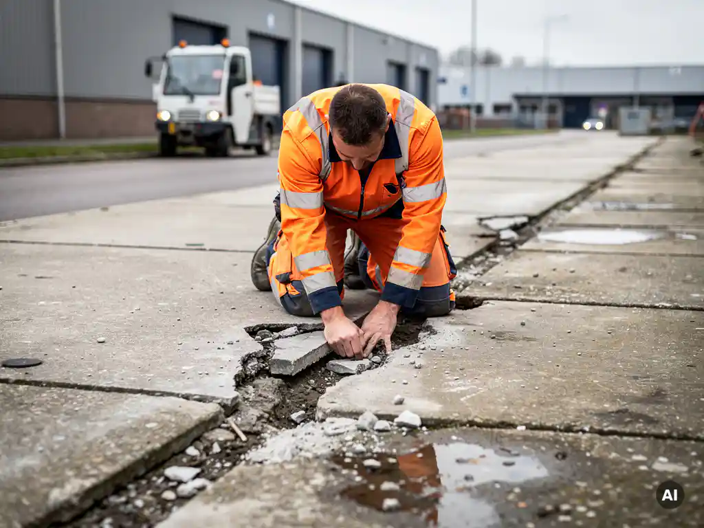 Veiligheidsmedewerker in oranje vest inspecteert gescheurde betonvloer op Nederlands industrieterrein, geknield bij voegerosie tussen betonplaten.