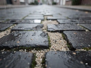 Doorlatende bestrating met grindvoegen absorbeert regenwater op een Nederlandse woonstraat, detailopname op straatniveau.