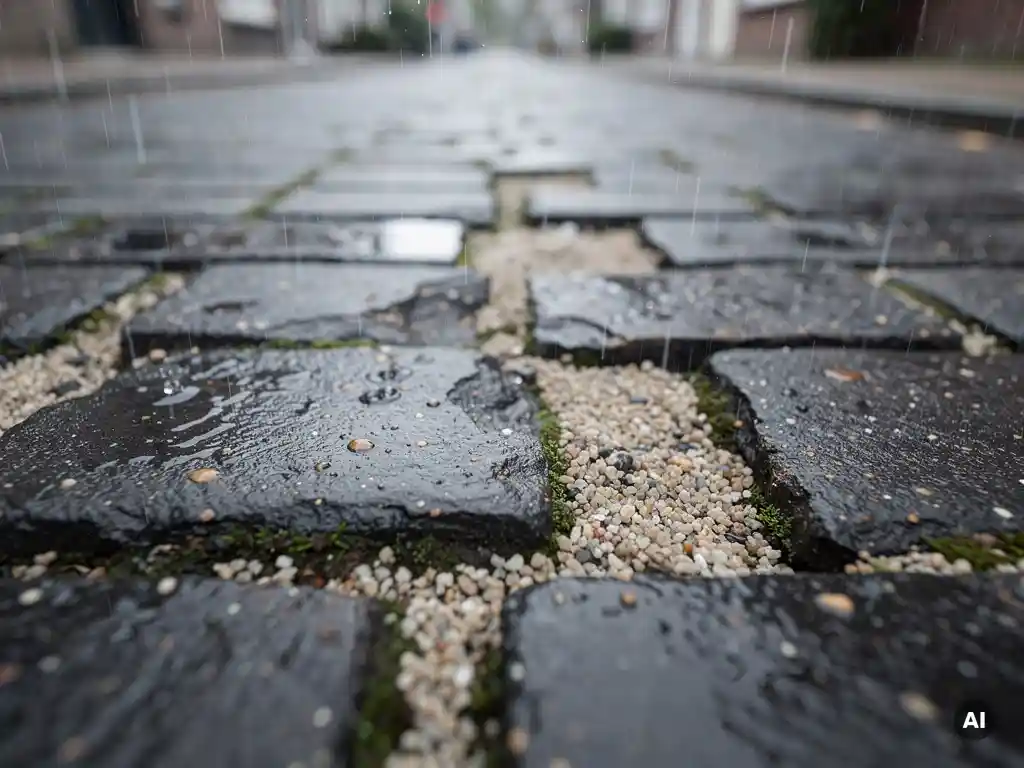 Doorlatende bestrating met grindvoegen absorbeert regenwater op een Nederlandse woonstraat, detailopname op straatniveau.