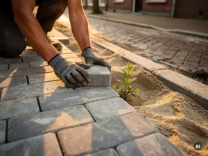Arbeider legt permeabele grijze straatstenen in een zandbed op een Nederlandse woonstraat, met kleine plant tussen de voegen.