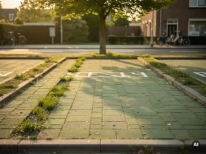 Permeabel parkeerterrein met groene bestrating, grasbanen en regenwatertuinen tussen parkeervakken, beschaduwd door een volwassen boom.