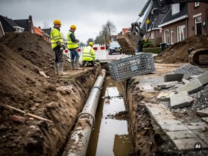 Arbeiders plaatsen een infiltratiekrat in een modderige bouwput naast een Nederlandse woonstraat, met een graafmachine en geel veiligheidsvest.