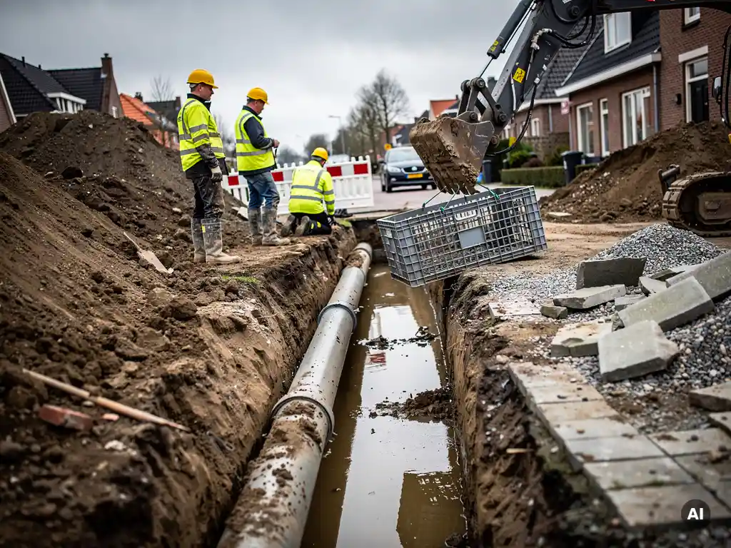 Arbeiders plaatsen een infiltratiekrat in een modderige bouwput naast een Nederlandse woonstraat, met een graafmachine en geel veiligheidsvest.