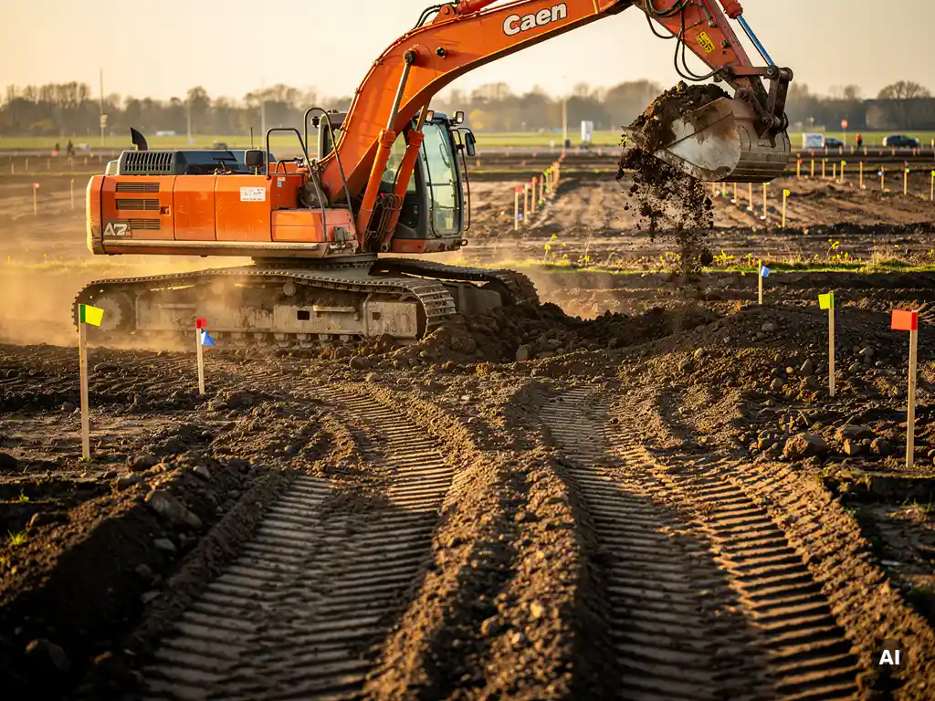 Oranje graafmachine graaft kleigrond op een bedrijventerrein in ontwikkeling, met uitzet­palen en lange schaduwen in de late middagzon.