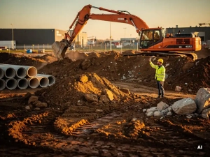 Oranje graafmachine breekt kleigrond op Nederlands bouwterrein, veiligheidsmedewerker in geel vest begeleidt werkzaamheden, betonnen drainagebuizen op de achtergrond.