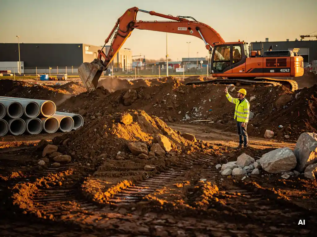 Oranje graafmachine breekt kleigrond op Nederlands bouwterrein, veiligheidsmedewerker in geel vest begeleidt werkzaamheden, betonnen drainagebuizen op de achtergrond.