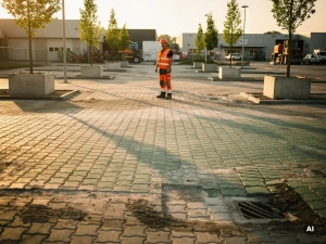 Arbeider in oranje veiligheidsvest inspecteert nieuw aangelegd industrieterrein met waterdoorlatende betonklinkers in Nederland.