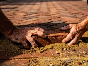 Vakman legt gebakken klinker in zandbed, op de achtergrond een visgraatpatroon van terracotta straatkeien in authentieke Nederlandse straat.
