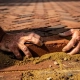 Vakman legt gebakken klinker in zandbed, op de achtergrond een visgraatpatroon van terracotta straatkeien in authentieke Nederlandse straat.