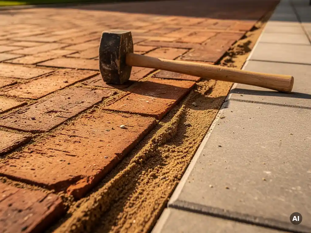 Terracotta klinkers grenzen aan grijze betonnen tegels op een Nederlandse straat, met zand in de voegen en een rubberen hamer op het oppervlak.