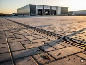Nieuw bedrijventerrein met betonklinkers en industrieel magazijn op de achtergrond in warm middaglicht.
