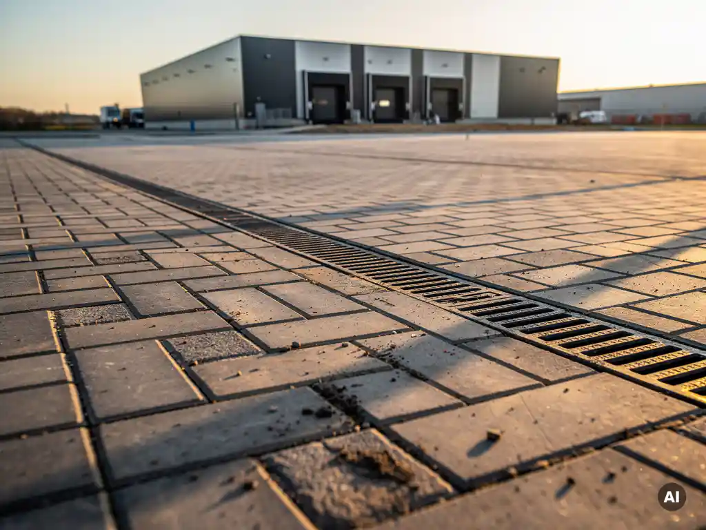 Nieuw bedrijventerrein met betonklinkers en industrieel magazijn op de achtergrond in warm middaglicht.