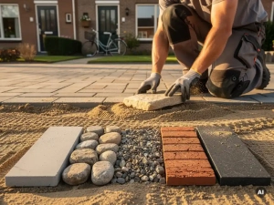 Vakman legt natuursteen op zandbed van oprit, met vijf bestratingsmonsters op voorgrond: beton, kassei, grind, baksteen en basalt.
