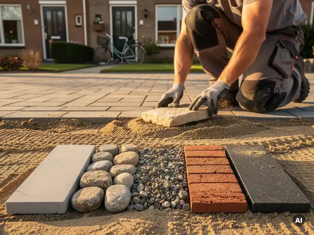 Vakman legt natuursteen op zandbed van oprit, met vijf bestratingsmonsters op voorgrond: beton, kassei, grind, baksteen en basalt.