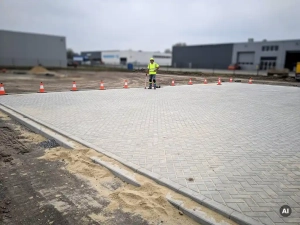 Nieuw gelegde betonklinkers in visgraatpatroon op Nederlands bedrijventerrein, met oranje veiligheidskegels en inspecterende medewerker in fluorescerend vest.