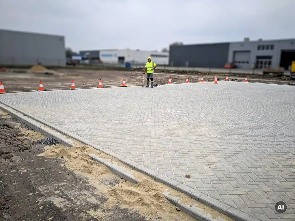 Nieuw gelegde betonklinkers in visgraatpatroon op Nederlands bedrijventerrein, met oranje veiligheidskegels en inspecterende medewerker in fluorescerend vest.