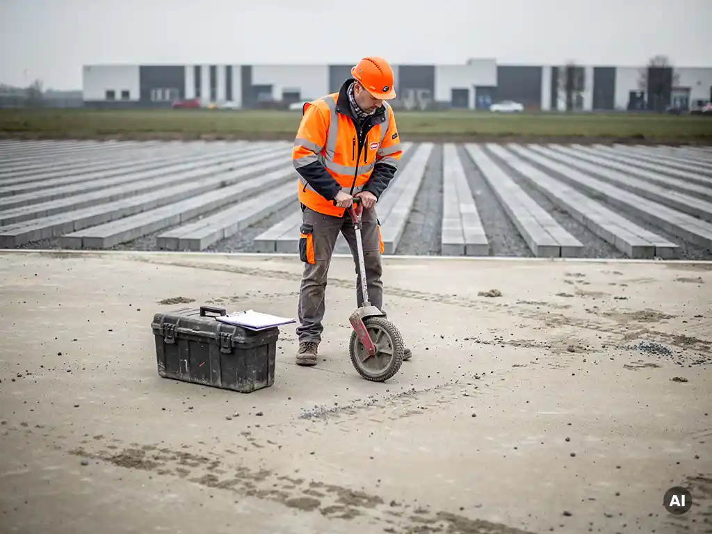 Medewerker in oranje veiligheidsvest meet nieuw geasfalteerd parkeerterrein met meetwiel op Nederlandse bouwplaats.