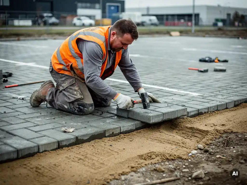 Vakman in oranje veiligheidsvest legt grijze betonklinkers op zandbed in uitgebreide parkeerplaats, rubberen hamer in hand.
