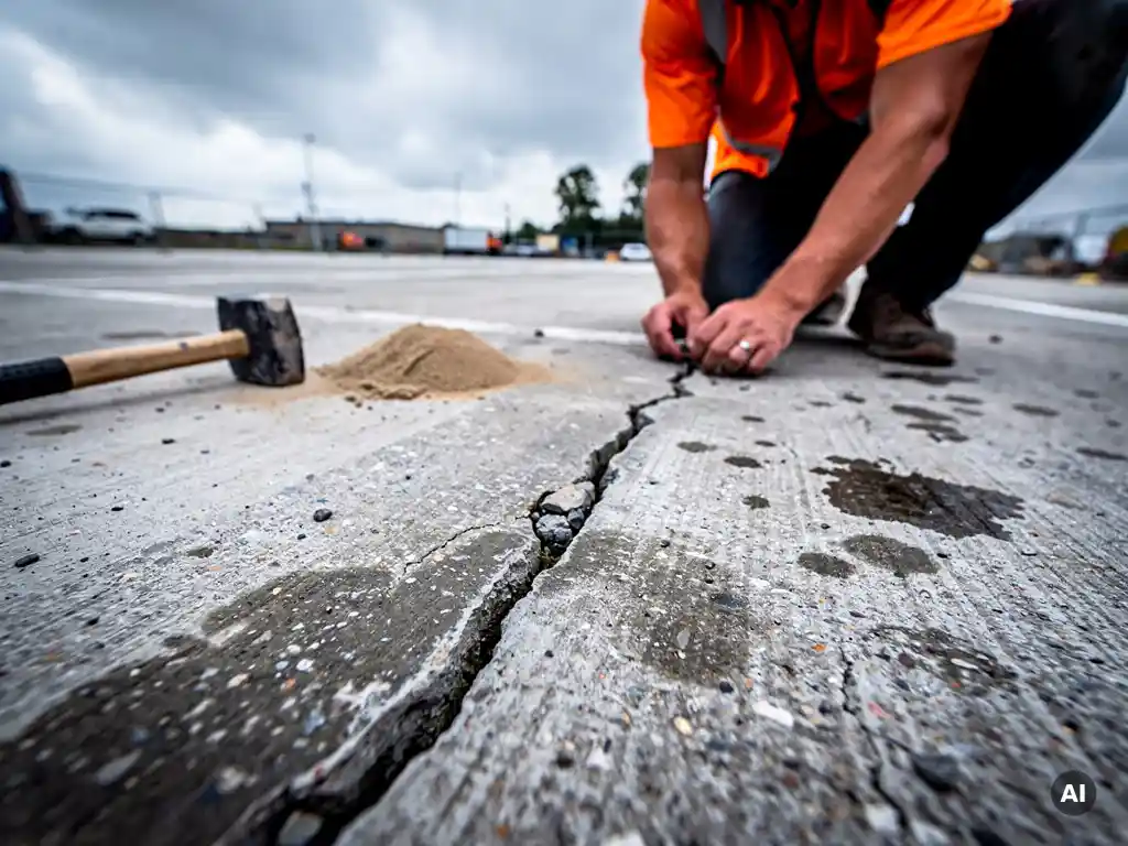 Inspecteur in oranje veiligheidsvest onderzoekt gebarsten voegwerk op verweerd betonnen parkeerterrein, rubber hamer en voegzand nabij.