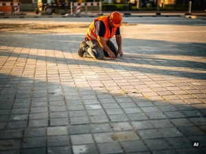 Bouwvakker in oranje veiligheidsvest inspecteert nieuw aangelegd betonnen parkeervak bij laagstaande zon.
