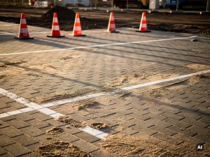 Nieuw aangelegd commercieel parkeerterrein met betonklinkers, rijbaanmarkeringen en oranje veiligheidskegels in Nederlands middaglicht.