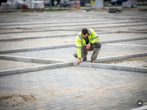 Medewerker in geel veiligheidsvest inspecteert betonstraatstenen van een nieuw aangelegde parkeerplaats onder bewolkt Nederlands daglicht.