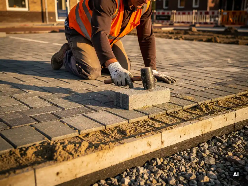 Bouwvakker in oranje veiligheidsvest legt doorlatende betonklinker in zandbed met rubberen hamer op duurzame parkeerplaats.