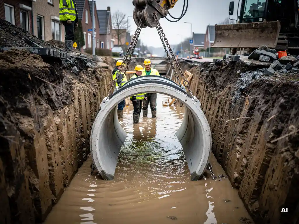 Arbeiders in gele veiligheidsvesten plaatsen een betonnen afvoerpijp in een modderige, waterrijke sleuf tijdens Nederlandse straatreconstructie.