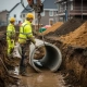 Bouwvakkers plaatsen betonnen drainagepijp in modderige bouwput bij nieuwbouwwijk, graafmachine laat pijp zakken met kettingen.