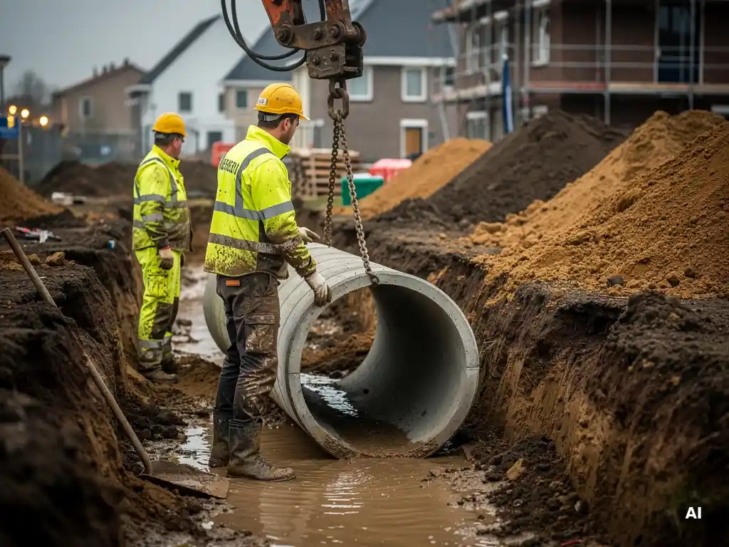 Bouwvakkers plaatsen betonnen drainagepijp in modderige bouwput bij nieuwbouwwijk, graafmachine laat pijp zakken met kettingen.
