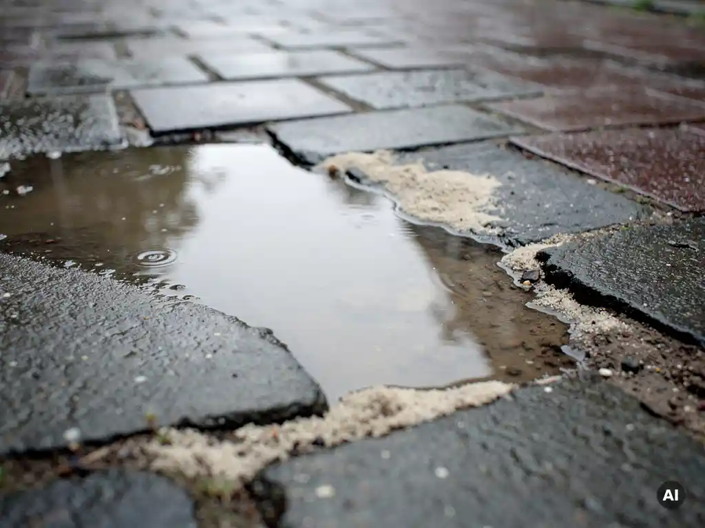 Grote plas op verzakte betonklinkers in een Nederlandse woonstraat, met zand dat uitspoelt uit de voegen.