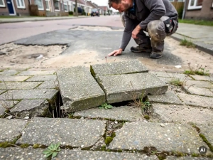 Vakman inspecteert verzakte en gebarsten stoeptegels met onkruid in voegen op een Nederlandse woonstraat.