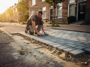Vakman legt doorlatende betonklinkers op een Nederlandse woonstraat, zandbed zichtbaar, warm gouduur licht.
