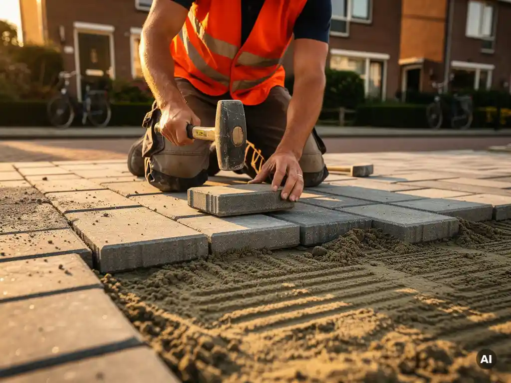 Vakman in oranje veiligheidsvest legt grijze betonklinkers op Nederlandse straat, rubber hamer in beweging, zandbed zichtbaar.