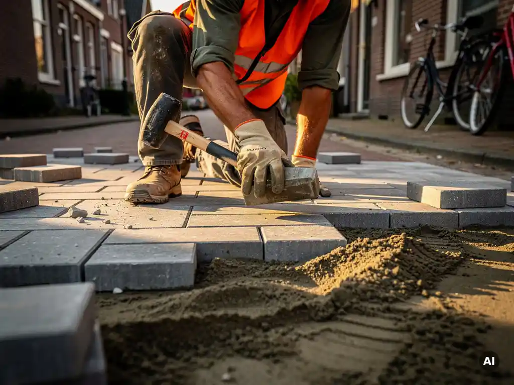 Vakman in oranje veiligheidsvest legt grijze betonklinkers op een Nederlandse straat en tikt ze vast met een rubberen hamer.