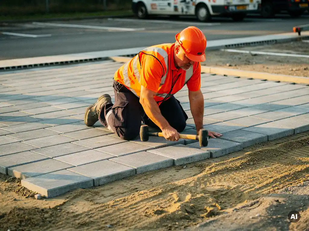 Stratenmaker in oranje veiligheidsvest legt grijze betonklinkers op zandbed in commerciële parkeerplaats, rubber hamer in hand.