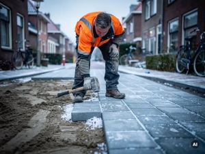 Stratenmaker in oranje veiligheidsvest legt grijze betonklinkers op bevroren Nederlandse straat met rijp tussen de voegen.